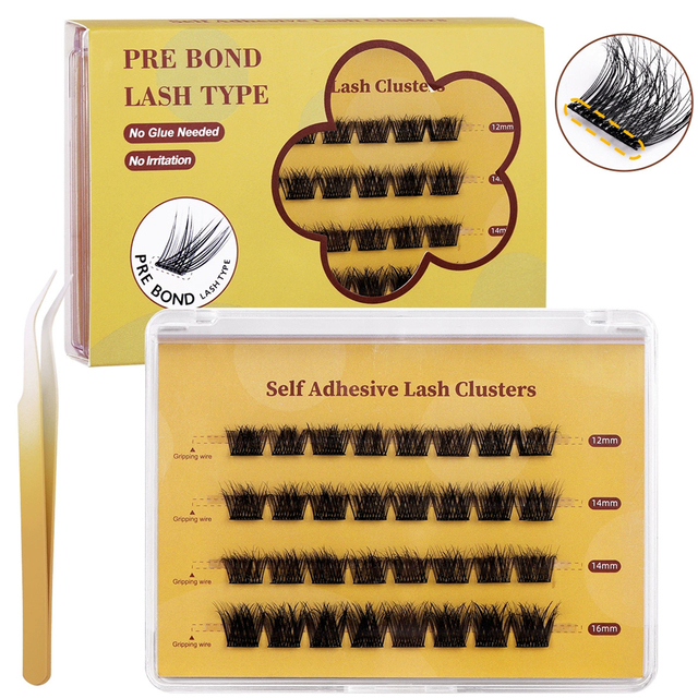Preglued Self-Adhesive Eyelash Extension Handmade 12mm-16mm Fluffy Press on Lashes 48 Clusters Natural Segmented False Eyelashes