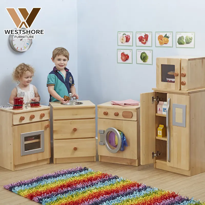 Mobiliário do dia crianças, madeira jogar cozinha conjunto, brinquedo, crianças, madeira, mesa, móveis, conjunto, brinquedo, criança, comida, montessori, material