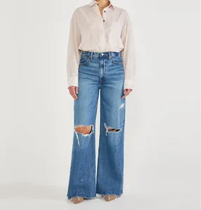 Fabrikant Aangepaste Logo Mom Jeans Hoge Taille Baggy Jeans Vriendje Ruwe Zoom Knie Rip Wijde Pijpen Jeans Voor Vrouwen