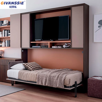 Cama Murphy Horizontal Moderna con Plataforma de Madera de Roble, Mueble para TV, Librería, Vinoteca y Vitrina Integrados para 2 Personas