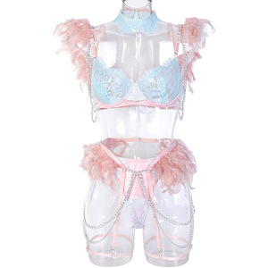 Ensemble de lingerie sexy en dentelle transparente avec chaîne, lingerie féminine exotique en plumes de luxe, ensemble de 3 pièces, jarretière - Product Image 6