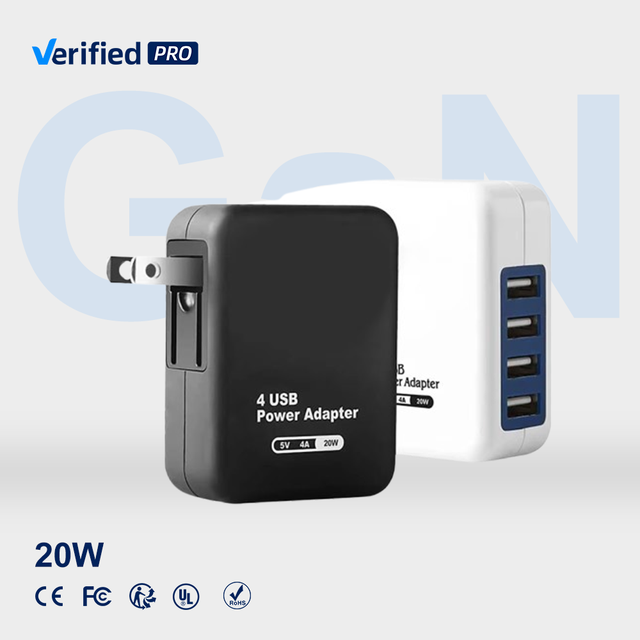 TKT 5V Gan Electric Travel Charger 4-USB 20W Wall Charger Hub for Laptop & Phone UK/AU Sockets 220V/110V Input CE/FCC Certified