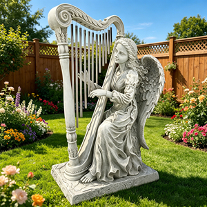 Statua di Angelo che suona l'arpa - Decorazione in resina a forma di angelo con arpa per giardino, patio e casa, ornamento musicale da esterno, idea regalo - Product Image 1