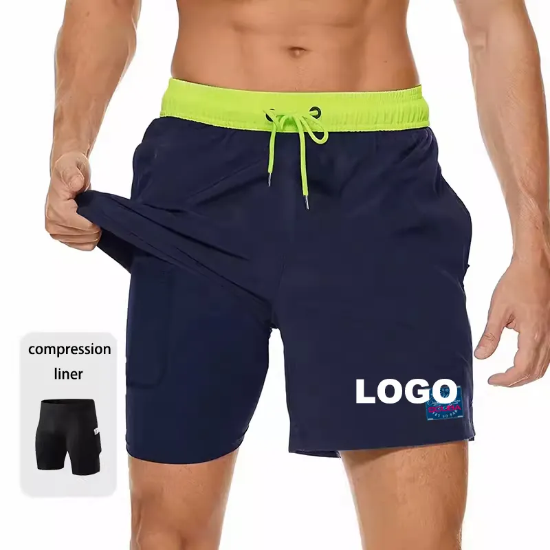Fodera a compressione da uomo personalizzata 2 in 1 pantaloncini da corsa da palestra pantaloncini da spiaggia costume da bagno pantaloncini Casual da passeggio