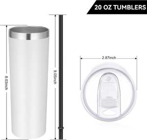 Stainless Steel <b>Double</b> <b>Wall</b> Skinny Sublimation Blanks Tumblers 20OZ Straight White Skinny Tumbler With Lids and Straw - Product Image 4