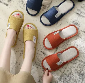 New Unisex Home Indoor Wooden Floor Slippers Woman 4 Seasons PVC Sole Anti Slip Linen Slippers For Men Plastic Customization