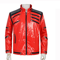 Anime Punk Superstar Jackson Rote Lederjacke Cosplay Kostüm Herren Klassisches Bühnenoutfit Schulter-Mesh Mehrere Reißverschluss-Details