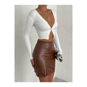 Jupe longue en similicuir pour femme, taille élastique, fente latérale, coupe droite - Product Image 3