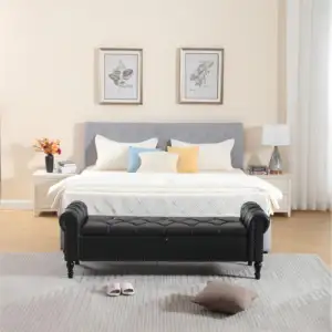 67-дюймовая стеганая деревянная скамья для хранения пуфов с перекатным концом кровати для прихожей, спальни, гостиной
