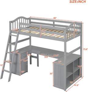 Деревянная двухместная кровать-Лофт с полками для стола, шкаф и лестница, высокий каркас для лофта с ограждением для подростков, взрослых, спальни - Product Image 6