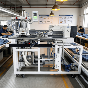 Machine à coudre industrielle automatique pour l'insertion de poches, programmable pour jeans avec coutures à rabat et point de recouvrement - Product Image 1