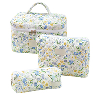 Tas Makeup katun besar wanita cetak kustom 3 Set casing kosmetik ritsleting bunga berlapis untuk Organizer perlengkapan mandi 3 Set bunga