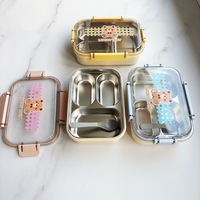 Cartoon-Bären-Kinder-Lunchbox mit 3 Fächern, versiegelter Edelstahl-Thermo-Bento-Behälter für Kinder