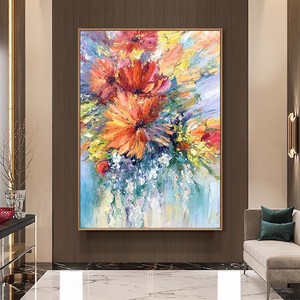 Peinture à l'huile abstraite de fleurs peinte à la main, cadre métallique, effet 3D, décoration murale pour entrée et salon - Product Image 2