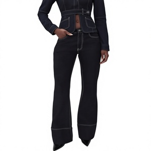 Jeans de Mezclilla de Cintura Alta y Pierna Ancha para Mujer, Color Sólido, Bolsillos con Paneles, Transpirables, Estilo Casual de Otoño - Product Image 1