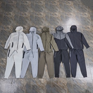 Tech Fleece Erkek Uzun Kollu Spor Takım Elbise Kapüşonlu Pamuklu Baskılı Fermuarlı Eşofman Altı Baharlık Ceket Renk Bloklu Düz Renk 2'si 1 Arada Set - Product Image 1