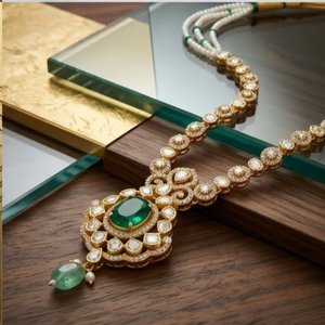 Traditional 925 Silver Luxury Green Stone Pendant <b>Necklace</b> for Women Traditional Polki Pearl Chain Jewelry Set Ethnic - Product Image 2