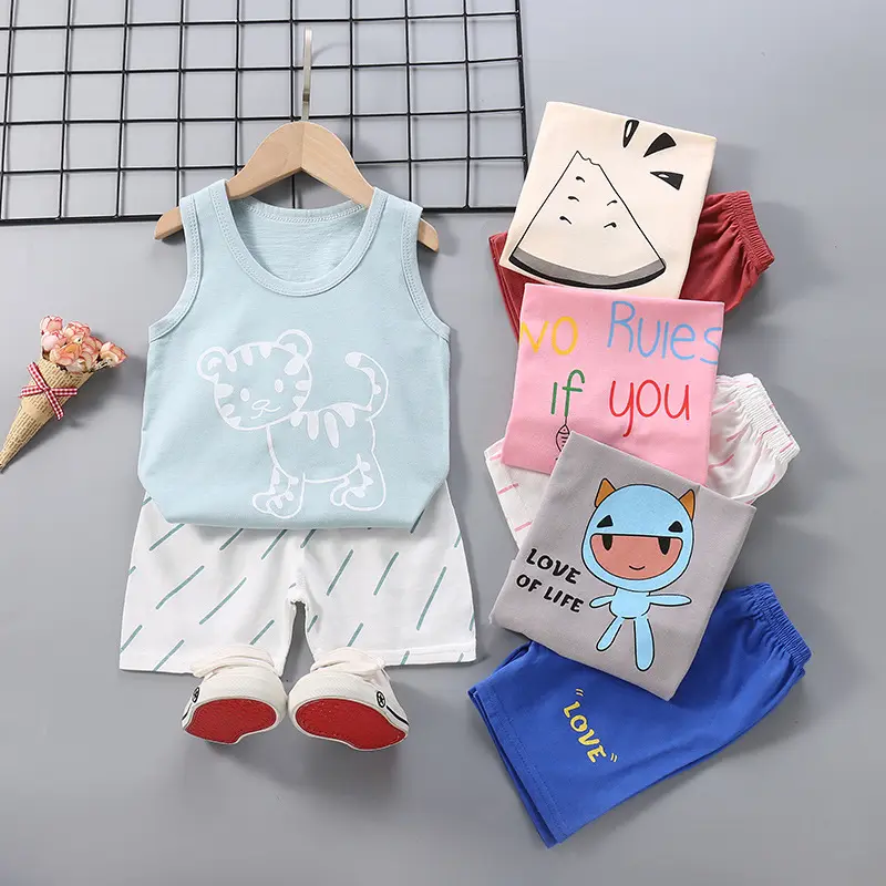 Zomer Nieuw Kindervest Pak Jongens Katoenen Mouwloze Meisjes Shorts Baby Cartoon Kinderkleding Groothandel