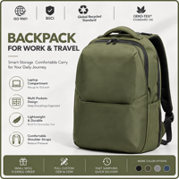 Sac à dos de voyage 20L en nylon résistant à l'eau avec compartiment pour ordinateur portable 16 pouces, ouverture à clapet, poche pour trolley, idéal pour les déplacements et les trajets quotidiens