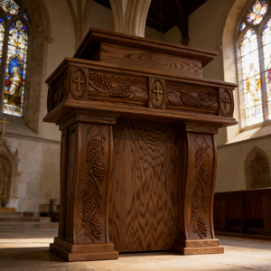 Pupitre d'église <span class=keywords><strong>en</strong></span> <span class=keywords><strong>bois</strong></span> avec sculptures complexes, fabrication professionnelle pour les églises missionnaires - Product Image 4