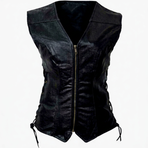Gilet de motard long en cuir pour femme, zippé, ajustable, sans manches, avec garniture de couleur personnalisée, service OEM - Product Image 1
