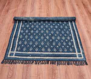Handwoven Indigo Cotton Dhurrie Rug <b>Block</b> Print Indian Carpet Bohemian Floor Rug Home Decor - Product Image 1