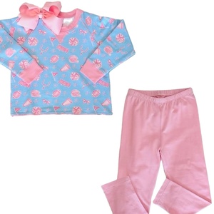 Personalizado Little Blue Pink lazos de fútbol de impresión de otoño trajes de niños al por mayor Niña de manga larga Niño ropa conjunto - Product Image 1