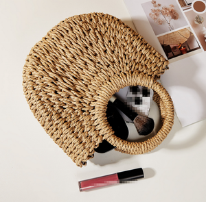 Sacs de plage faits à la main de couleur bonbon en gros, sacs à bandoulière en <span class=keywords><strong>paille</strong></span> demi-<span class=keywords><strong>rond</strong></span>, grande capacité, sacs fourre-tout en <span class=keywords><strong>paille</strong></span> tissés décontractés pour femmes - Product Image 6