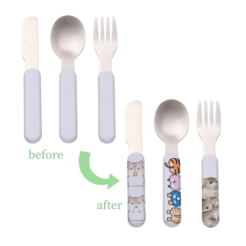 Hot Sale Polymer Handle Stainless Steel Kids Spoon Printable white cutlery Heat Transfer Spoon Forks Knives with polymer handle