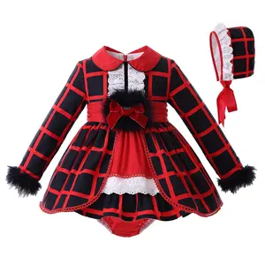 OEM Clothing Sets Baby Girls Plaid Baby Girl Princess Dresses with Bonnet 3 Pieces Set Baby Girls Party Wear Dress 1BAG=1PCS