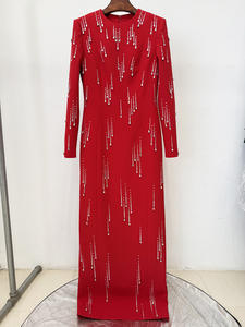 A11537 Vestido <span class=keywords><strong>de</strong></span> Noche Formal Rojo Elegante <span class=keywords><strong>para</strong></span> <span class=keywords><strong>Mujer</strong></span>, Vestido Largo <span class=keywords><strong>de</strong></span> Manga Larga con Pedrería y Diamantes, Corte A <span class=keywords><strong>de</strong></span> Cintura Alta - Product Image 3