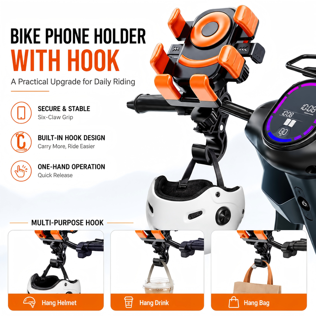 Motorcycle Phone Mount 6-Claw Bike Holder Anti-Shake Navigation Bracket with Built-in Hook for Electric Bicycle Scooter