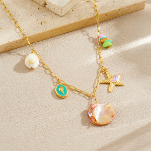 Trendy Gold Plated Starfish Conch Shell Pendant Necklace With Colorful Pebble For Women Party Jewelry - Product Image 2