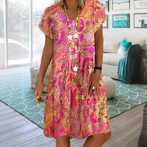V-<b>neck</b> Printed Casual Dress Loose Waist Short Sleeve Floral Pattern Daily Wear Summer Style <b>Light</b> Blue And Red - Product Image 4