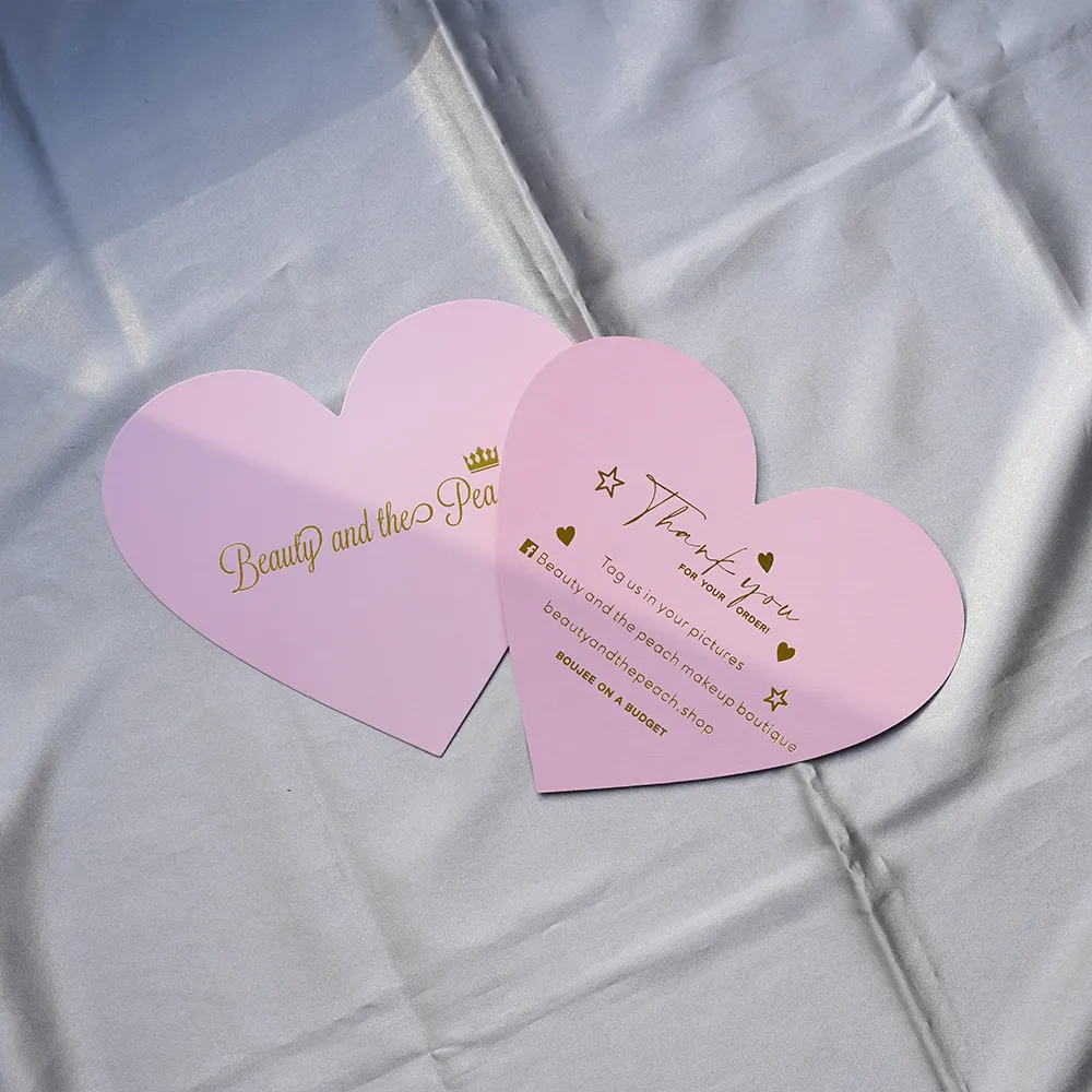 2022 Hochwertige benutzer definierte Logo Herz private Boutique Visitenkarten Hochzeits einladung Goldfolie danke Karten für Hoodies