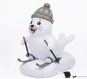 Giant Outdoor Christmas Inflatable Skiing Seal Inflatable Santa Claus with <b>LED</b> Lights Blow Up Winter Holiday Yard Decoration - Product Image 1