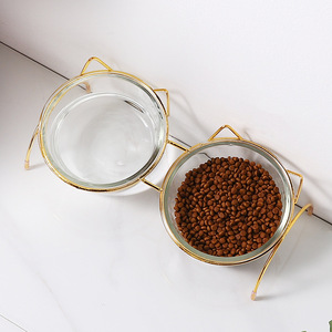 Glass <b>Cat</b> Bowl Elevated Transparent Double Wall <b>Feeder</b> For <b>Cats</b> With Gold Stand - Product Image 2