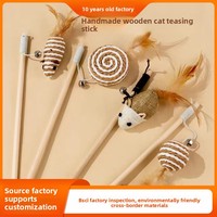 Baguette de jeu pour chat en bois naturel avec plume en lin et clochette, cordon élastique, jouet interactif pour chatons d'intérieur, vente en gros