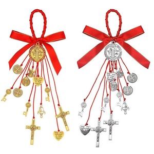 Médailles de Saint Benoît en argent <span class=keywords><strong>KOMI</strong></span>, clés, crucifix, croix, breloques, pendentifs, ruban, <span class=keywords><strong>corde</strong></span> à suspendre pour accessoires de voiture, décoration de porte, décoration de la maison - Product Image 5