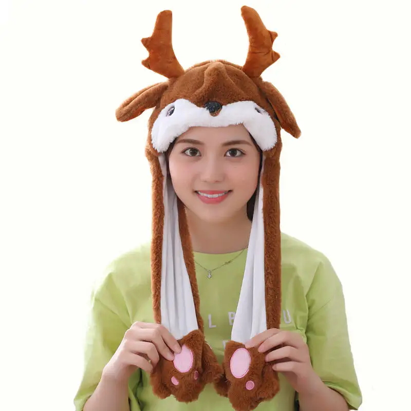 Lovely Deer Hat brown Plush Moving Ear Elk cap Christmas Funny Pop Up Ears Plush Christmas hat for girls adults birthday decor