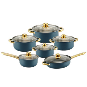 Ensemble de cuisine en acier inoxydable de 12 pièces en gros, batterie de cuisine antiadhésive, pot à soupe, lait avec poignée dorée - Product Image 5