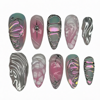 Faux ongles à presser forme amande rose argenté effet métal liquide marbré papillon, ongles acryliques chromés réutilisables, vente en gros
