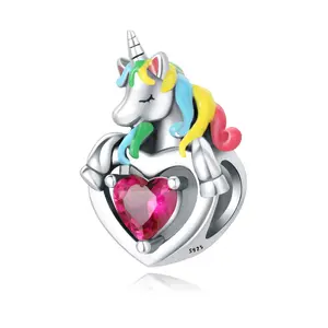 Dropshipping 925 silver zircon inlaid rainbow unicorn love heart bead charm for diy bracelet necklace jewelry accessories