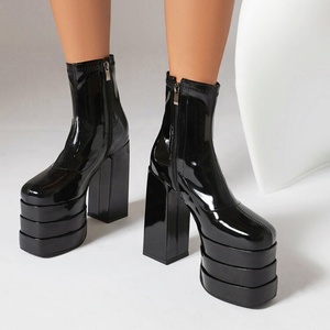 Botines de Plataforma Gruesa de Triple Capa Talla Grande 46 de Ajuste Ancho para Mujer, Zapatos de Tacón Alto Grueso de Charol, Botines Cortos Elegantes - Product Image 2