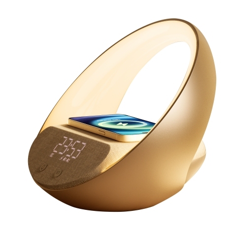 New Arrivals Novel Design  BT Music Speaker 4 in 1 Wireless Charger Lamp With Alarm Clock Bedside Night RGB Lamp