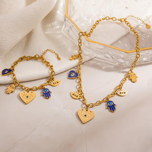 Collar de Acero Inoxidable para Mujer, Colgante de Ojo de Hamsa en Forma de Corazón, Cadena de Clavícula Chapada en Oro, Conjunto de Joyería de Moda SL41640 - Product Image 4