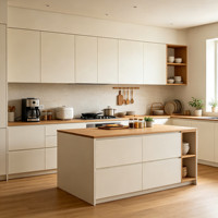 Ensemble d'armoires de cuisine HNSJ modernes, personnalisées, durables, écologiques, style Japandi, sans poignées, avec comptoir en contreplaqué, étagère ouverte, îlot de cuisine
