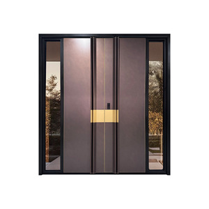 Porte d'entrée double contemporaine minimaliste en aluminium moulé avec panneaux horizontaux et incrustations en laiton, portail de sécurité sur mesure - Product Image 1