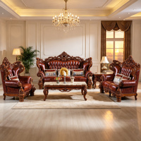 Europäischer Stil Ledersofa-Set Luxus 3-Sitzer 2 Sessel Geschnitzter Holzrahmen Ecksofa Wohnzimmer Hotel Möbel