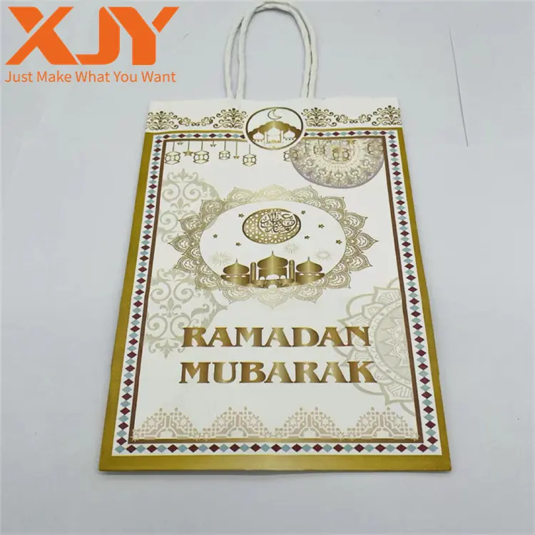 XJY eid mubarak logo personnalisé impression cadeau emballage sac en papier avec poignée pour ramadan emballage cadeau
